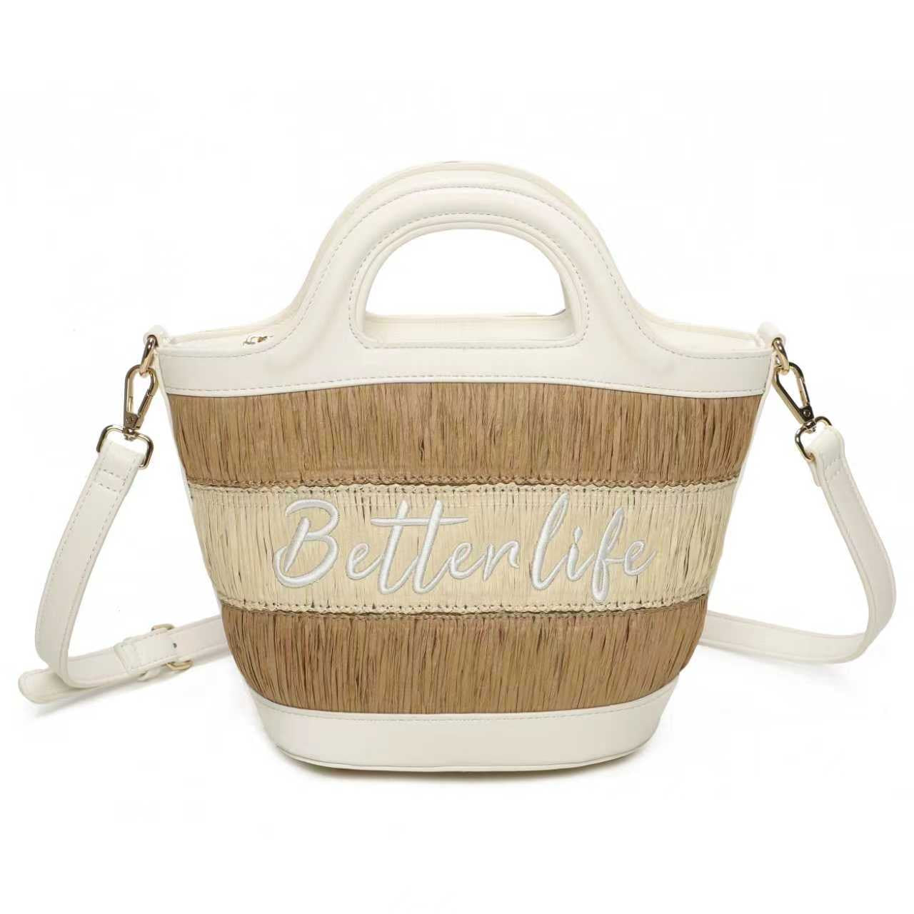 Borsa a Mano da Giorno in Paglia con Lettere Ricamate Bicolore Art.CE243