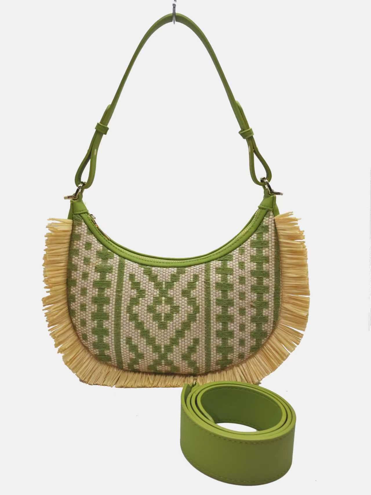 Borsa a tracolla da donna, in paglia, fantasia geometrica, bordo sfrangiato, uso quotidiano, alla moda, Art.FF27474