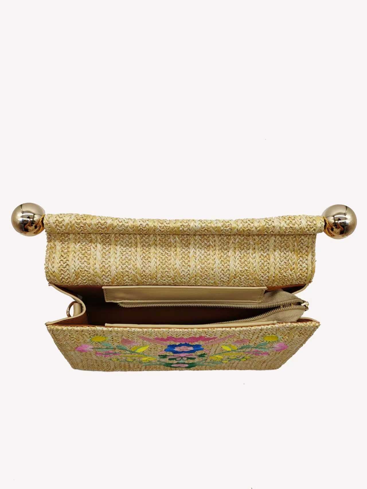 Borsa da sera moda con ricamo in paglia e decorazione in metallo Art.FF27453