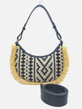 Borsa a tracolla da donna, in paglia, fantasia geometrica, bordo sfrangiato, uso quotidiano, alla moda, Art.FF27474