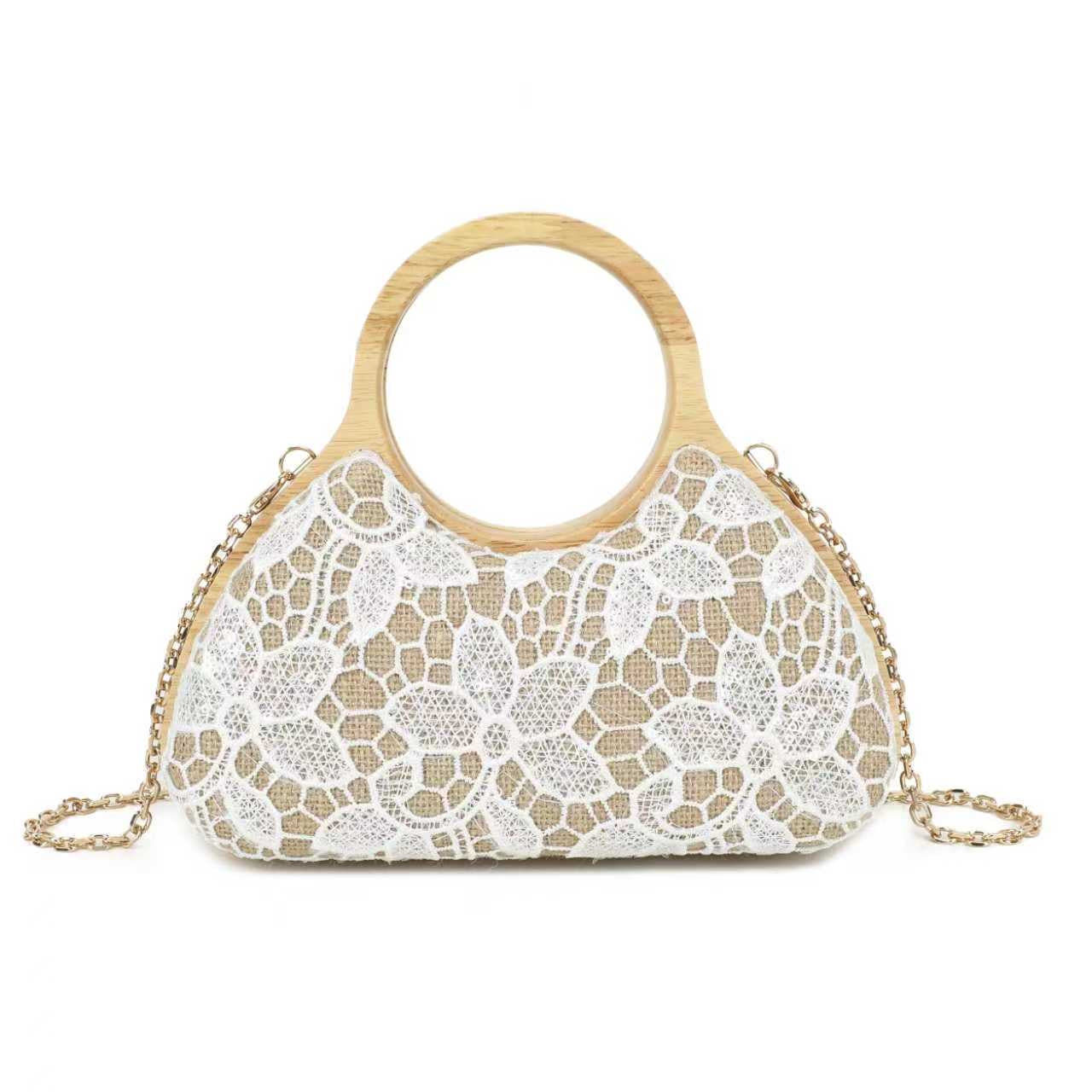 Borsa da sera rotonda in pizzo con motivo geometrico e clip in legno Art.CE268