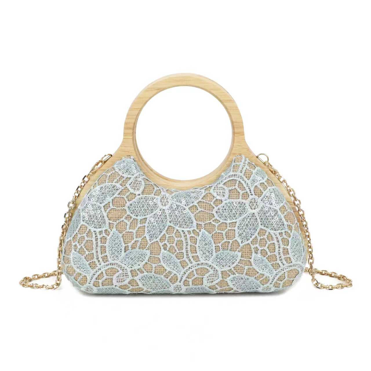 Borsa da sera rotonda in pizzo con motivo geometrico e clip in legno Art.CE268
