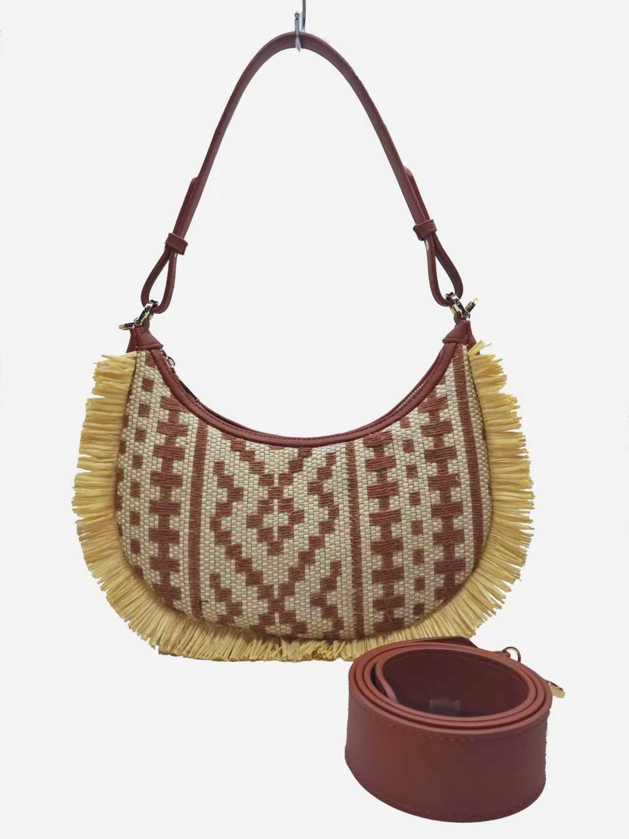 Borsa a tracolla da donna, in paglia, fantasia geometrica, bordo sfrangiato, uso quotidiano, alla moda, Art.FF27474