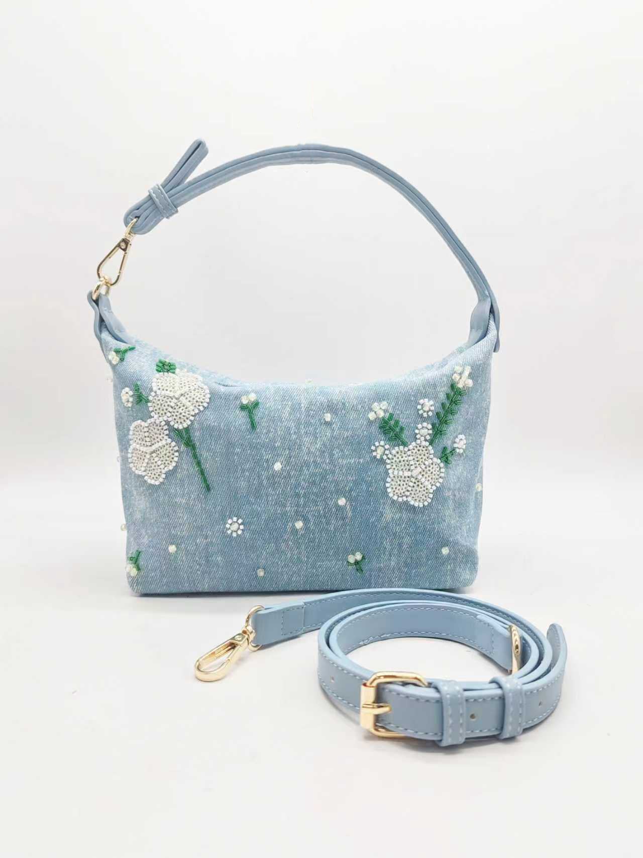 Borsa in denim casual da giorno con ricamo di perline e da portare a mano Art.FF27477