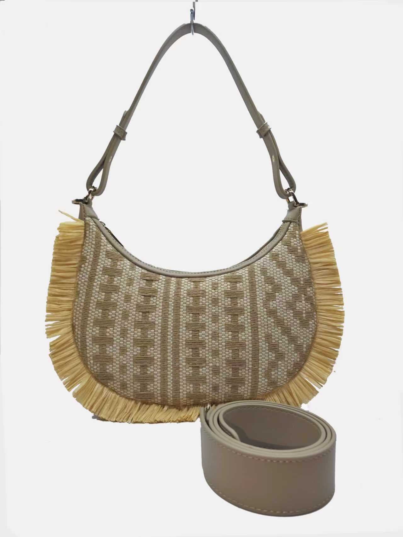Borsa a tracolla da donna, in paglia, fantasia geometrica, bordo sfrangiato, uso quotidiano, alla moda, Art.FF27474