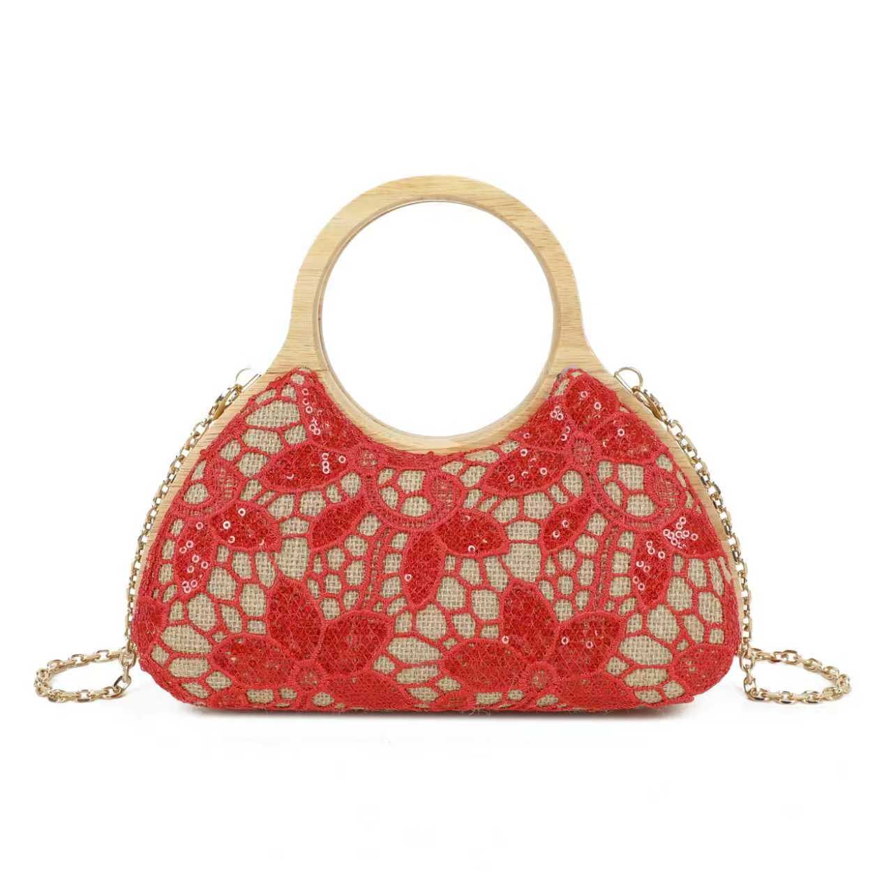 Borsa da sera rotonda in pizzo con motivo geometrico e clip in legno Art.CE268
