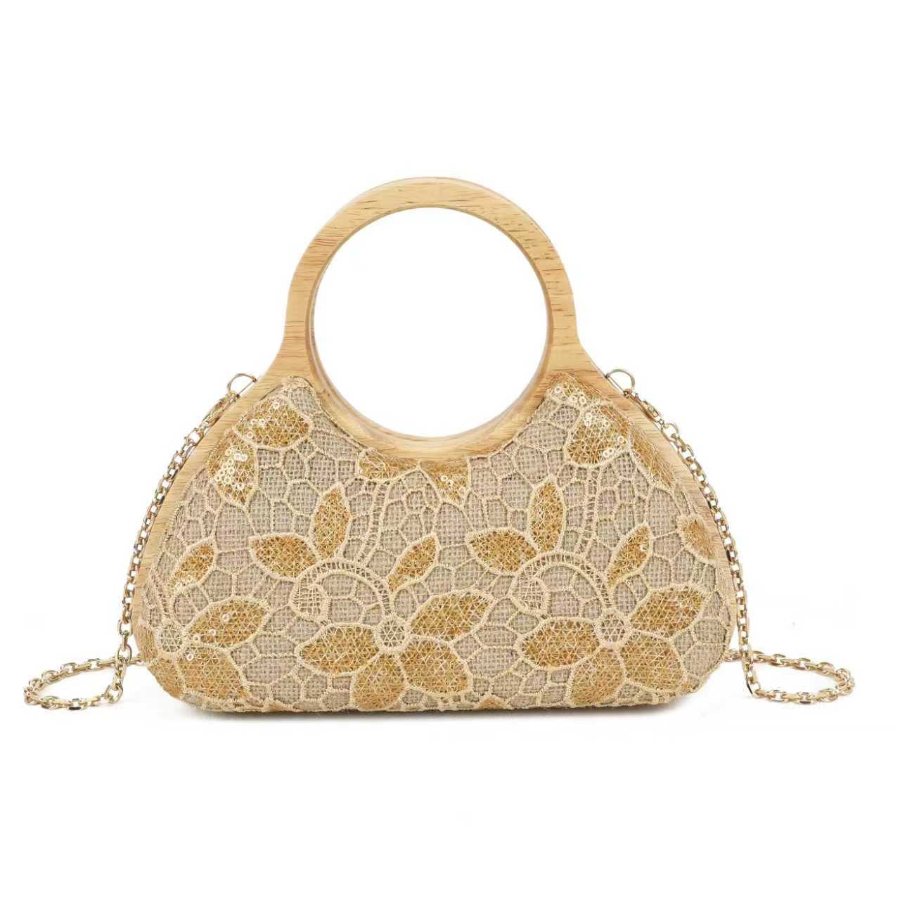 Borsa da sera rotonda in pizzo con motivo geometrico e clip in legno Art.CE268