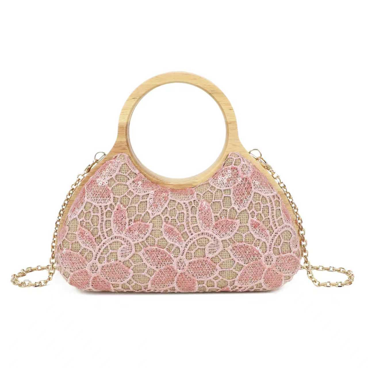 Borsa da sera rotonda in pizzo con motivo geometrico e clip in legno Art.CE268
