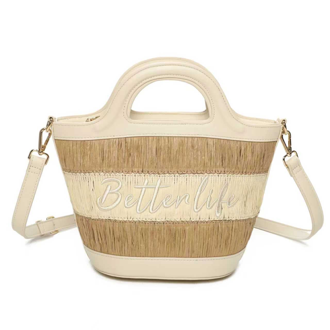 Borsa a Mano da Giorno in Paglia con Lettere Ricamate Bicolore Art.CE243
