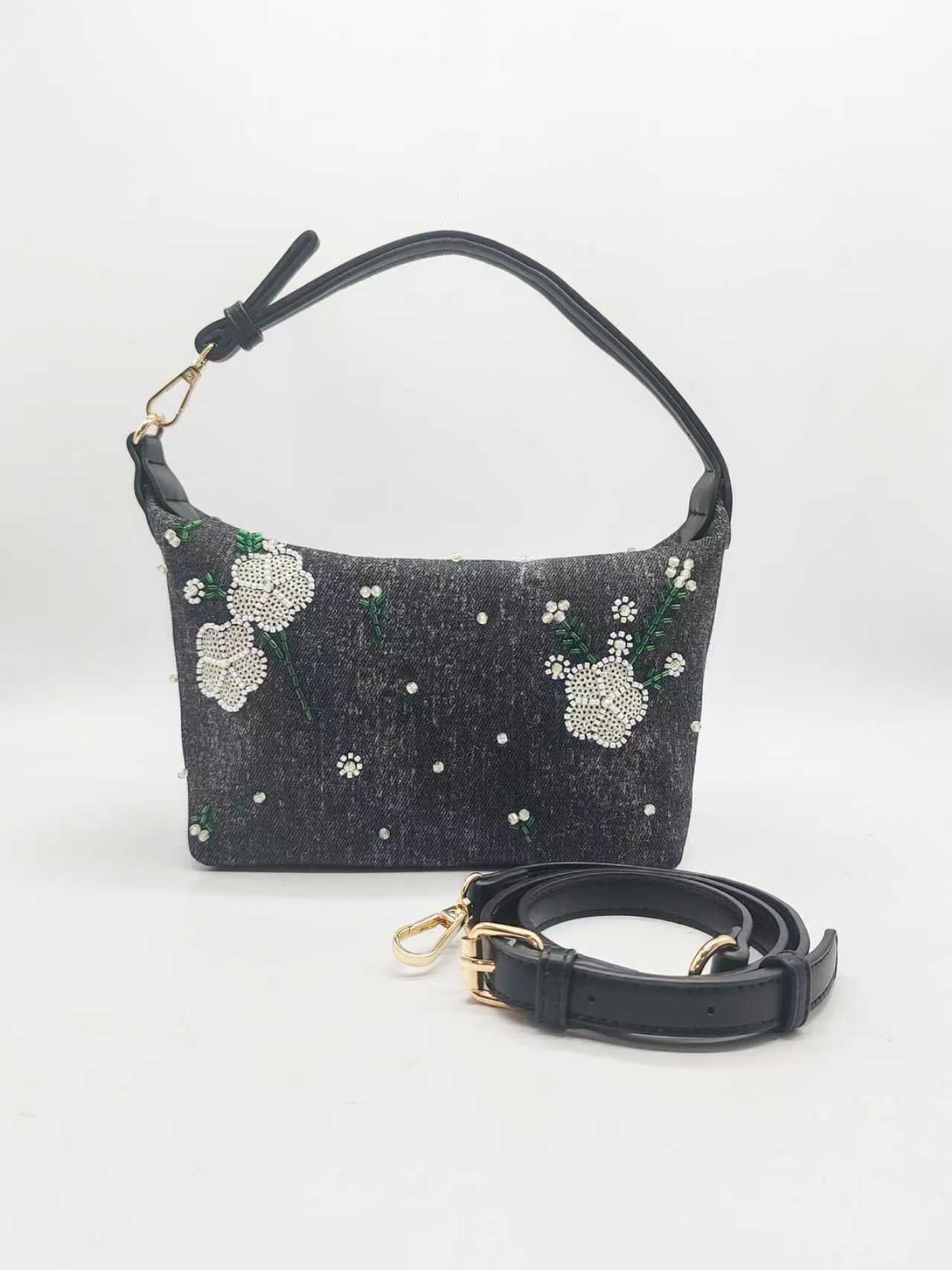 Borsa in denim casual da giorno con ricamo di perline e da portare a mano Art.FF27477