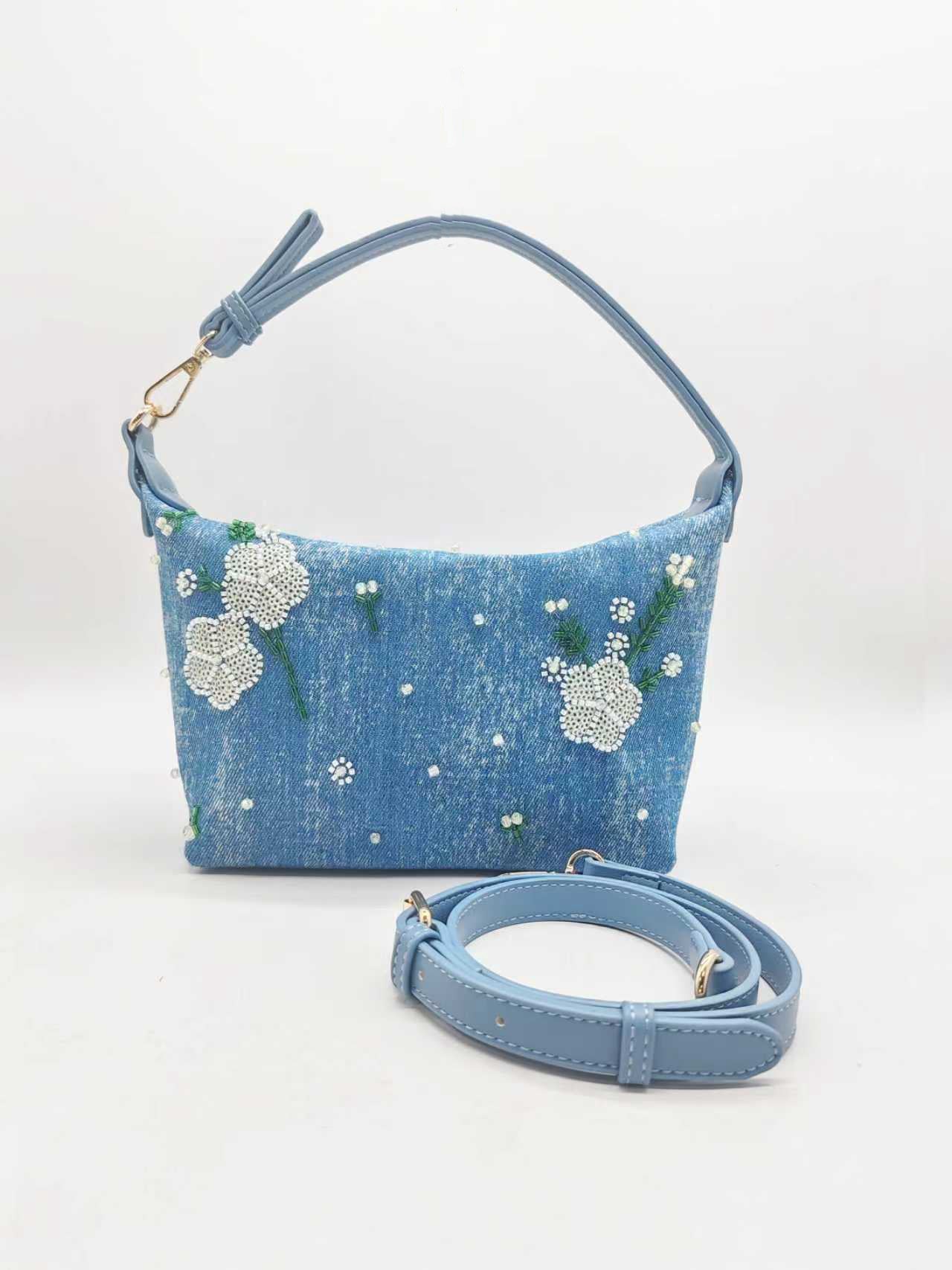 Borsa in denim casual da giorno con ricamo di perline e da portare a mano Art.FF27477