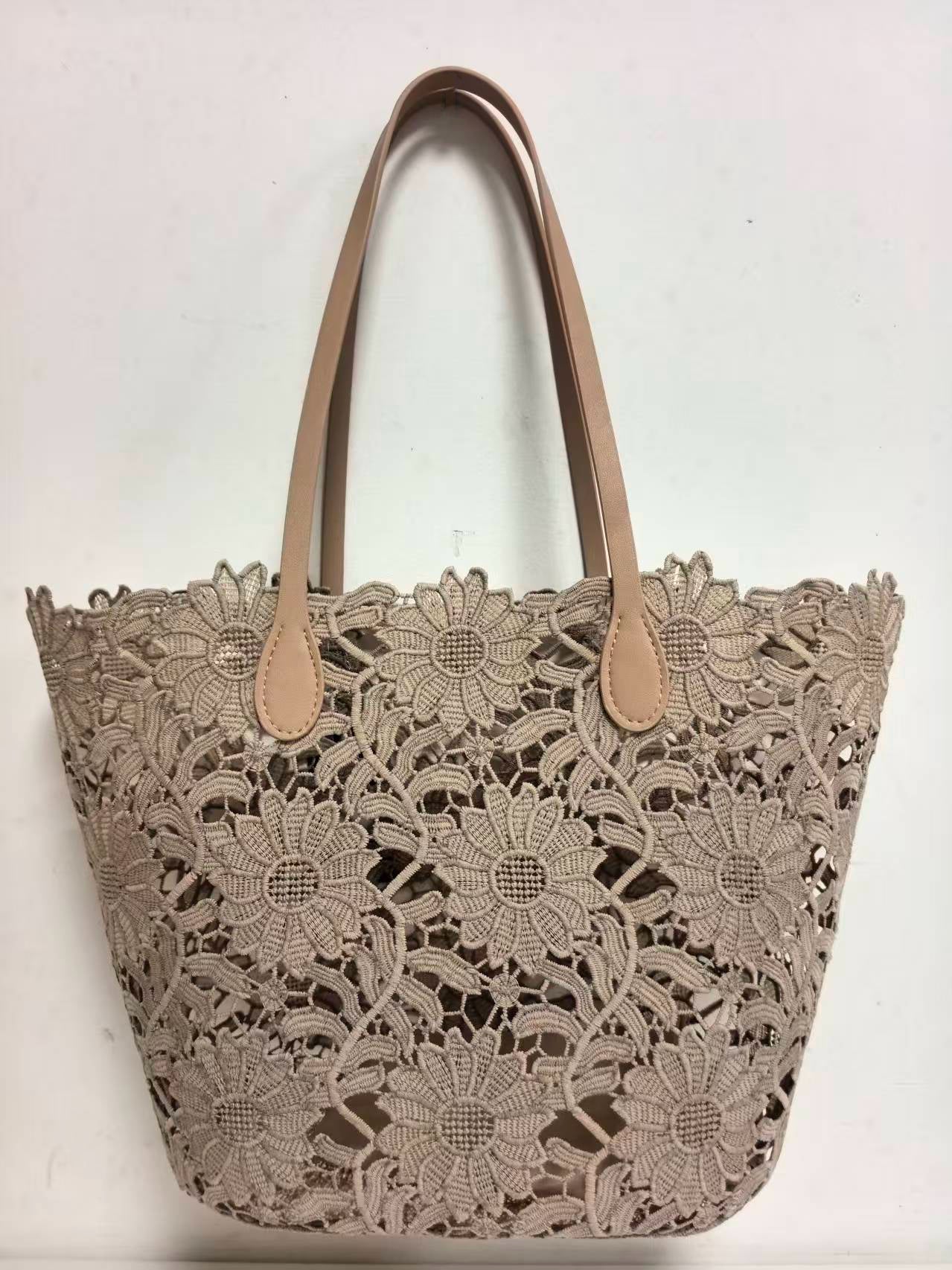 Borsa da Spiaggia Casual Monospalla con Motivo Floreale in Pizzo e Tasca Interna Art.VT0617