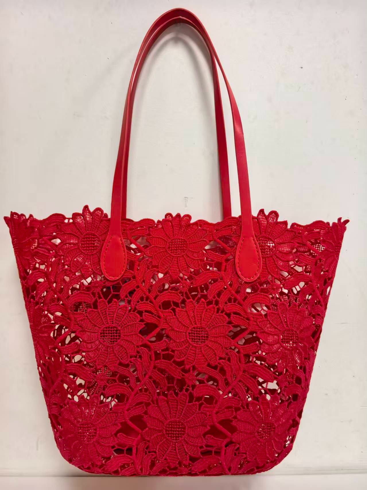 Borsa da Spiaggia Casual Monospalla con Motivo Floreale in Pizzo e Tasca Interna Art.VT0617