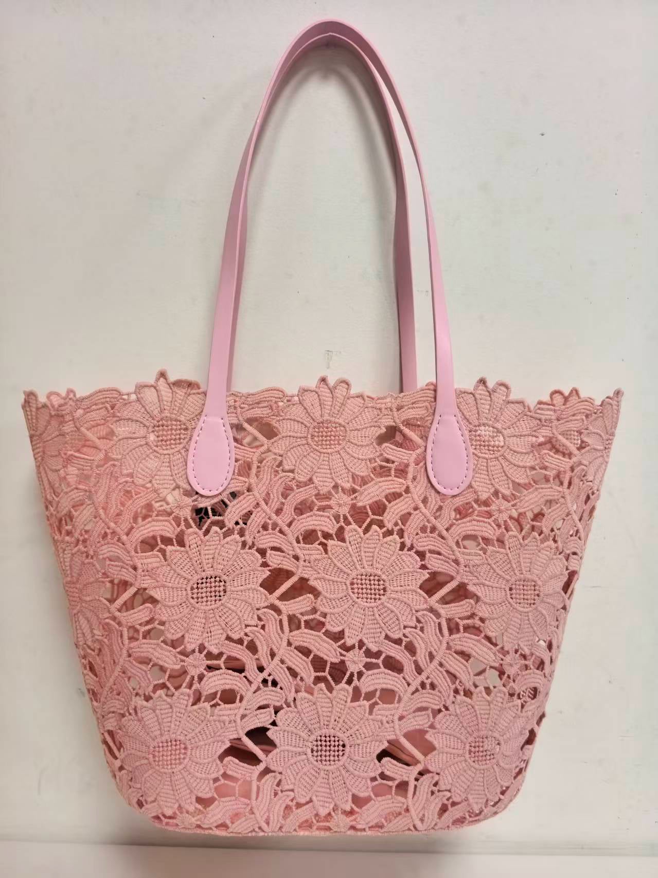 Borsa da Spiaggia Casual Monospalla con Motivo Floreale in Pizzo e Tasca Interna Art.VT0617