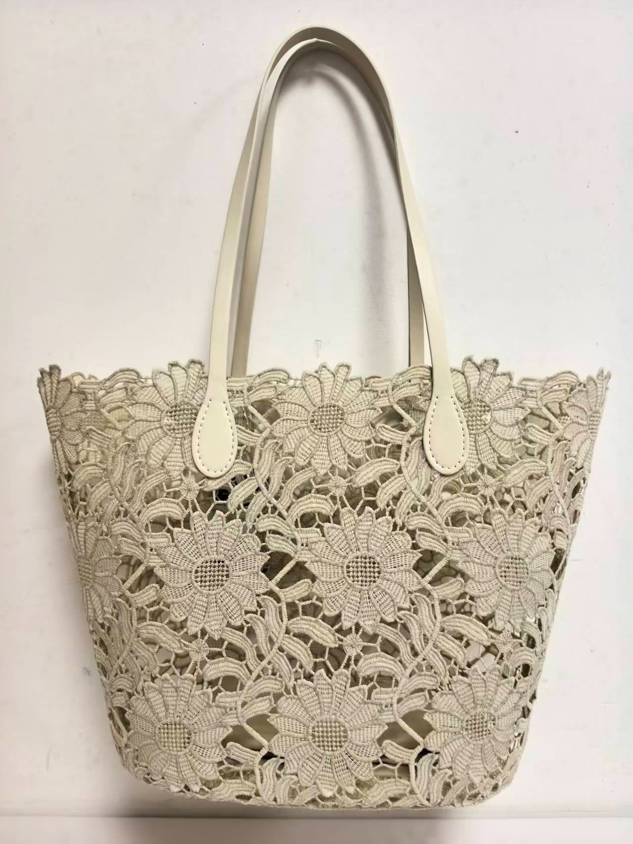 Borsa da Spiaggia Casual Monospalla con Motivo Floreale in Pizzo e Tasca Interna Art.VT0617