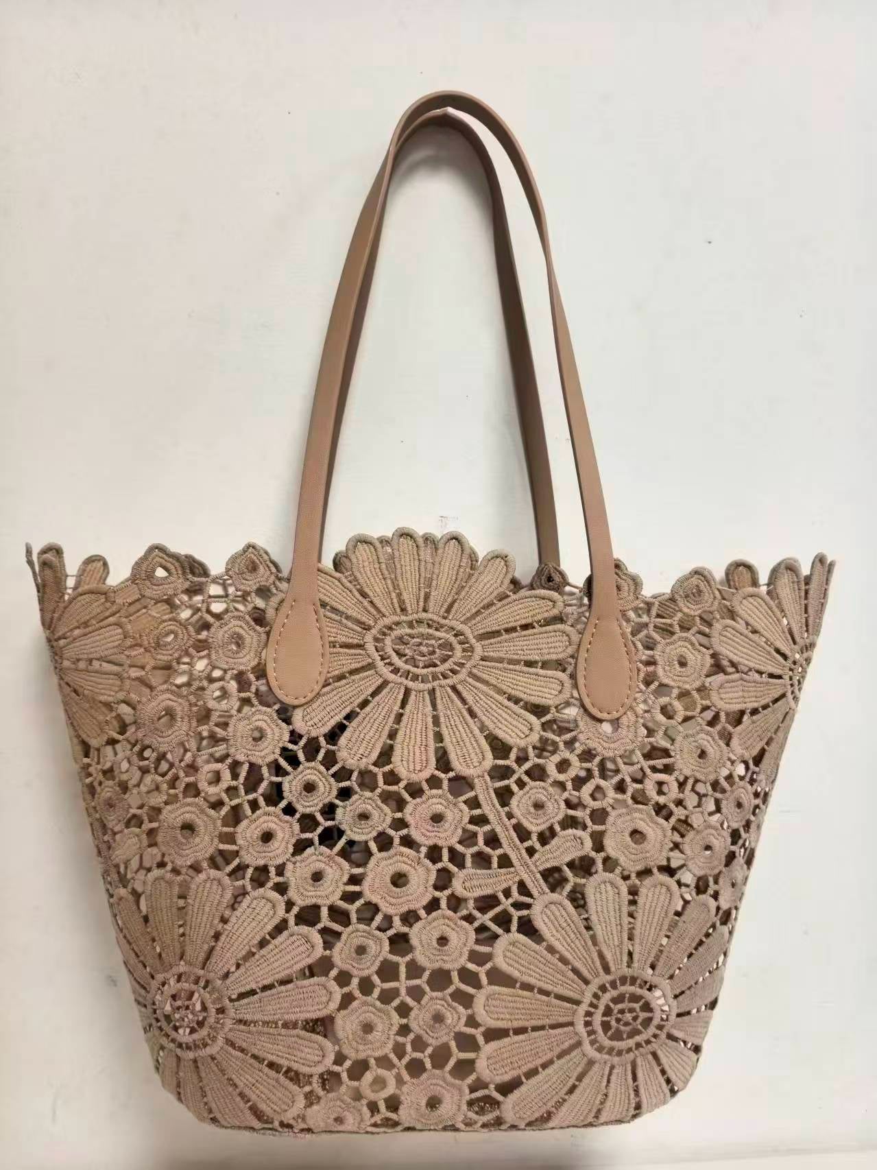 Borsa da spiaggia casual alla moda con motivo floreale in pizzo e tasca interna, monospalla Art.VT6141