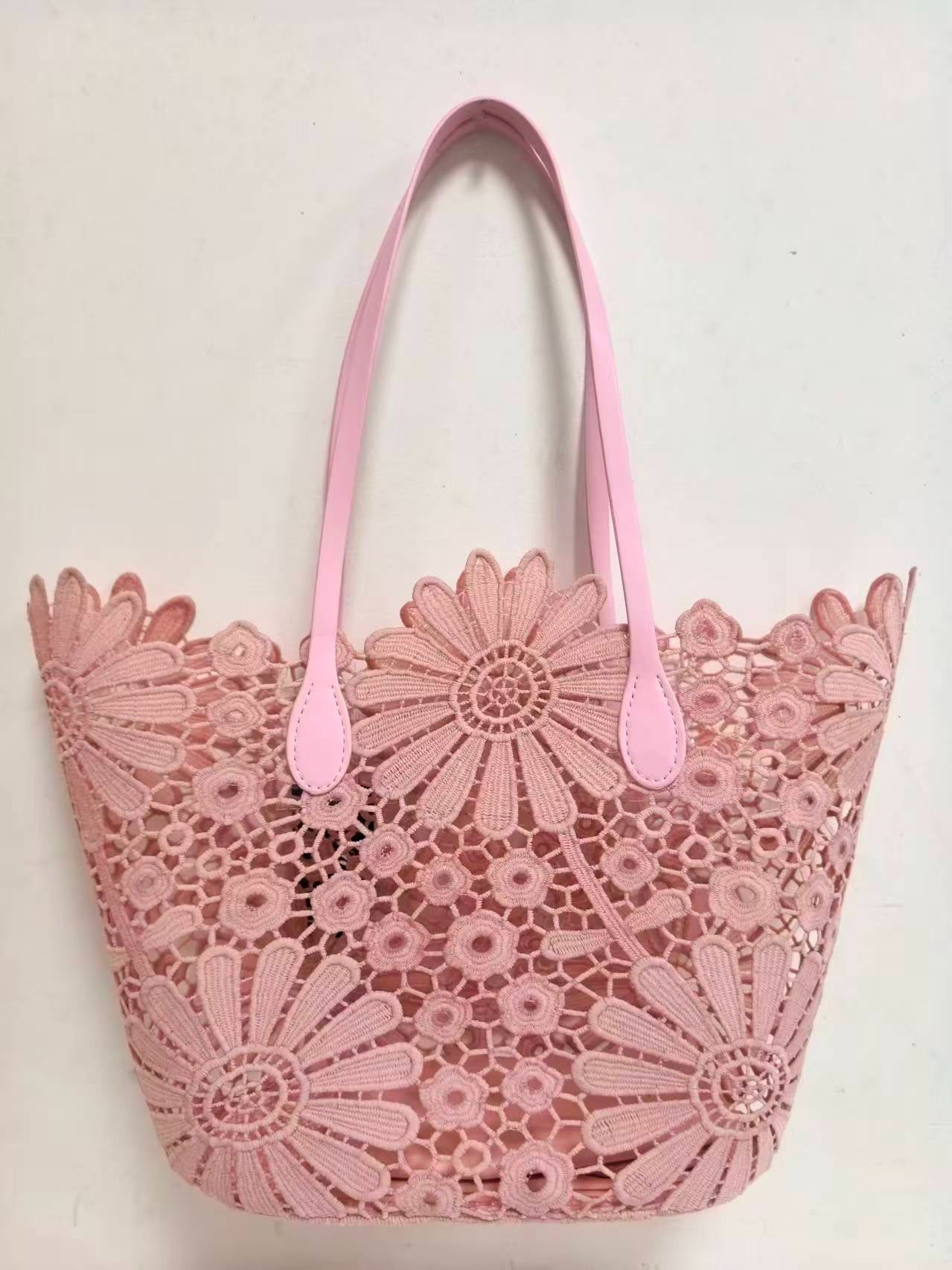 Borsa da spiaggia casual alla moda con motivo floreale in pizzo e tasca interna, monospalla Art.VT6141