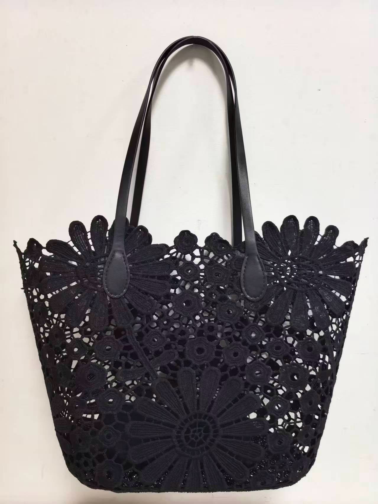 Borsa da spiaggia casual alla moda con motivo floreale in pizzo e tasca interna, monospalla Art.VT6141