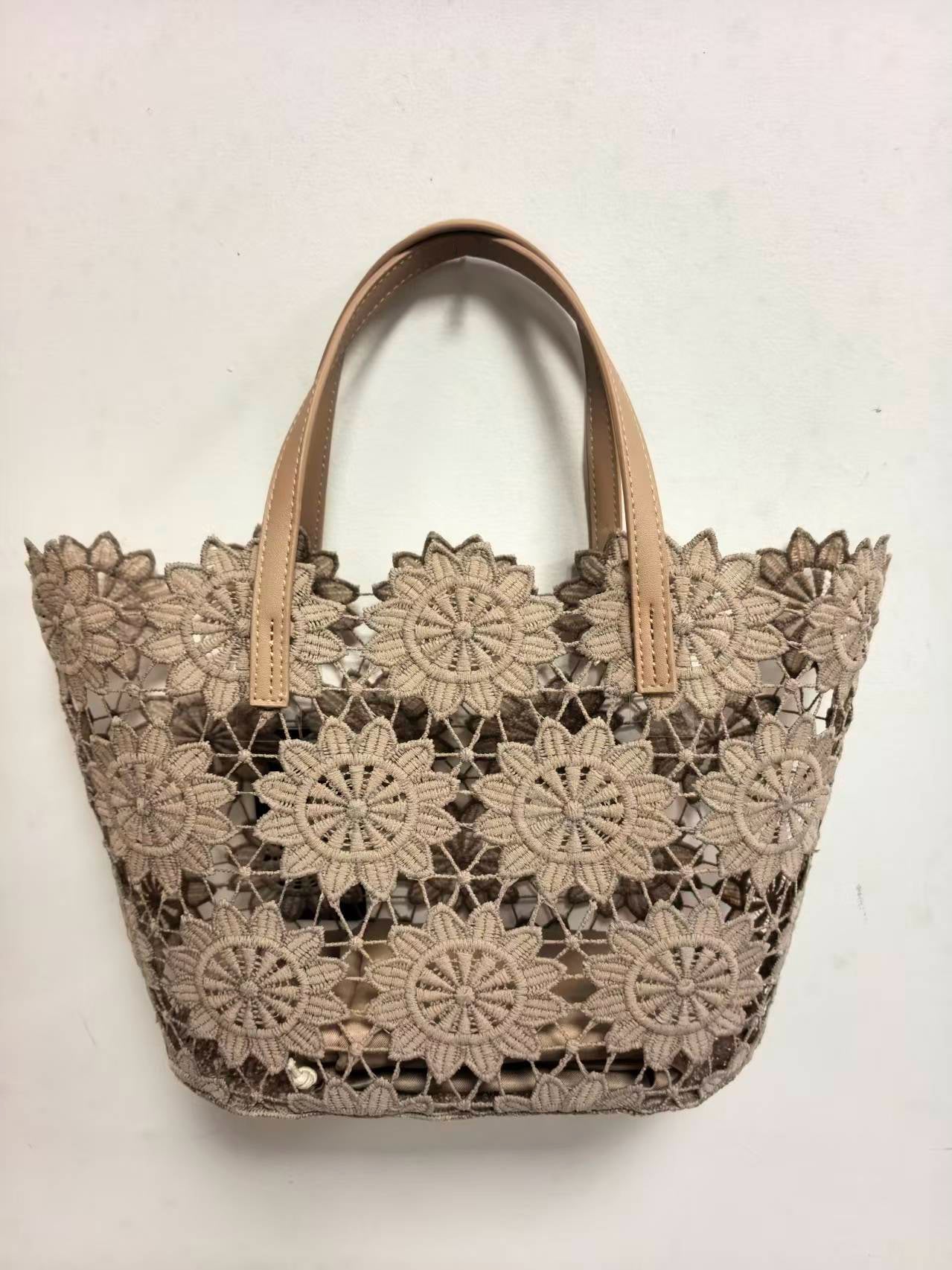Borsa Da Spiaggia Casual Piccola Con Fantasia Floreale In Pizzo E Tasca Interna Art.VT7185
