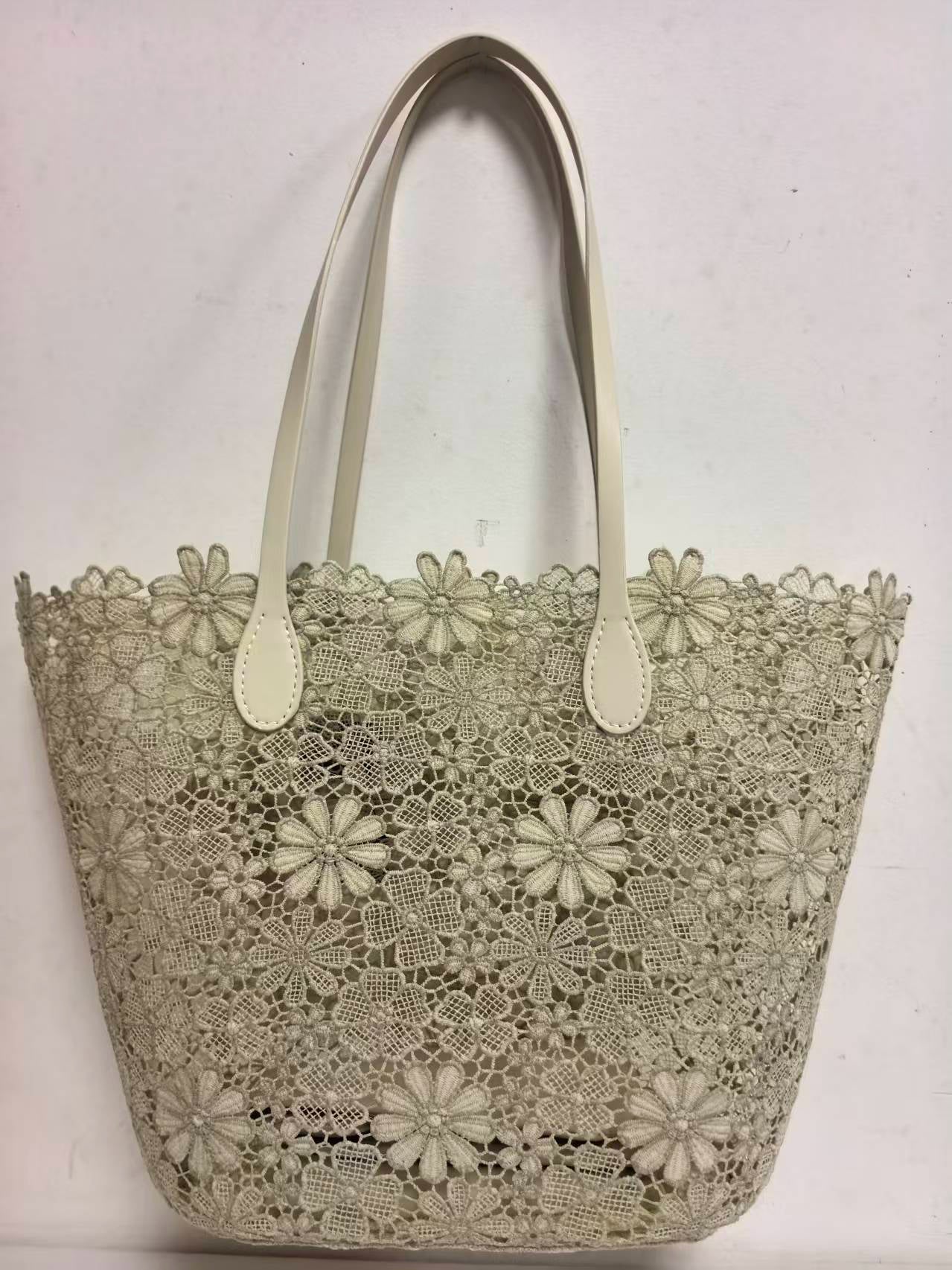Borsa a tracolla monospalla casual da spiaggia con motivo floreale in pizzo e tasca interna, Art. VT6121