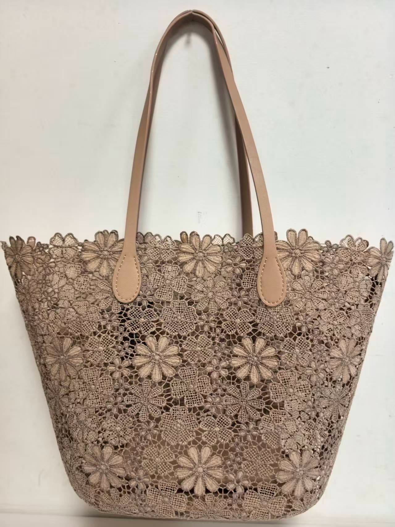 Borsa a tracolla monospalla casual da spiaggia con motivo floreale in pizzo e tasca interna, Art. VT6121