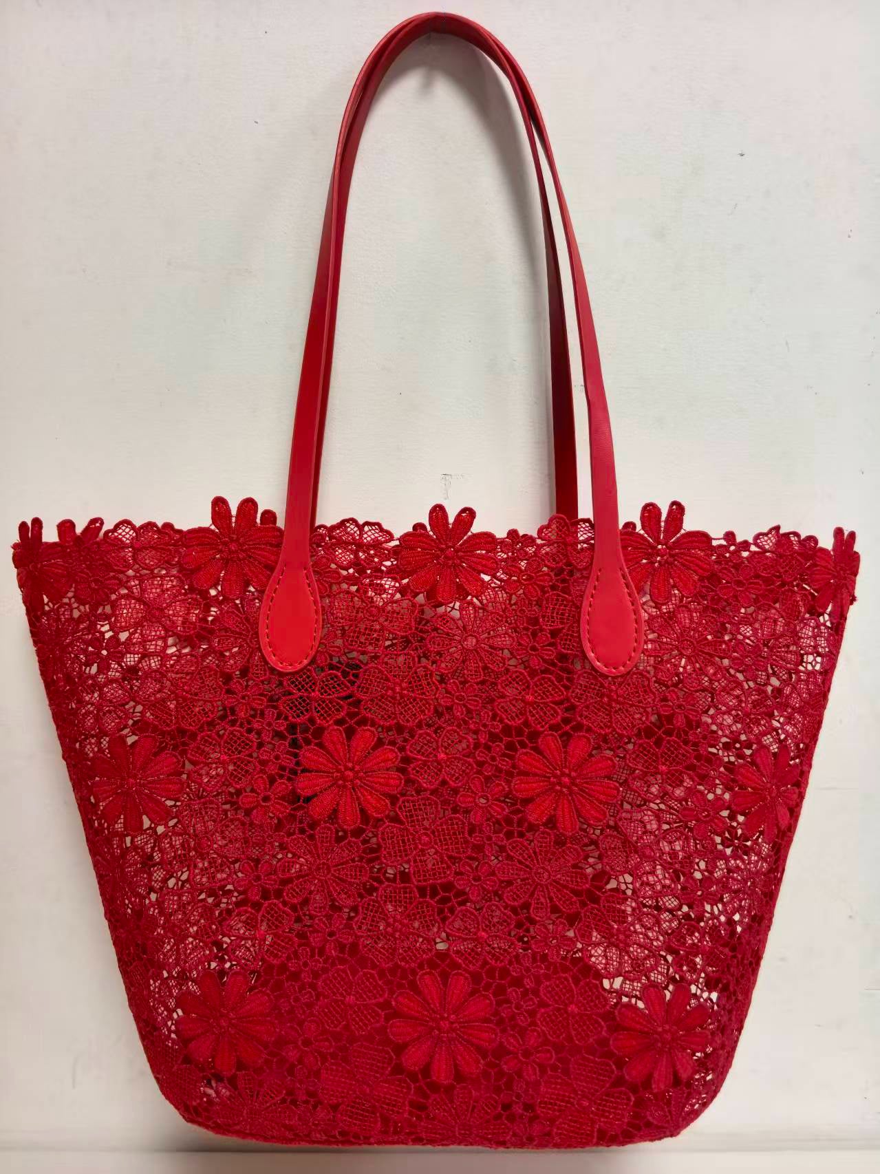 Borsa a tracolla monospalla casual da spiaggia con motivo floreale in pizzo e tasca interna, Art. VT6121