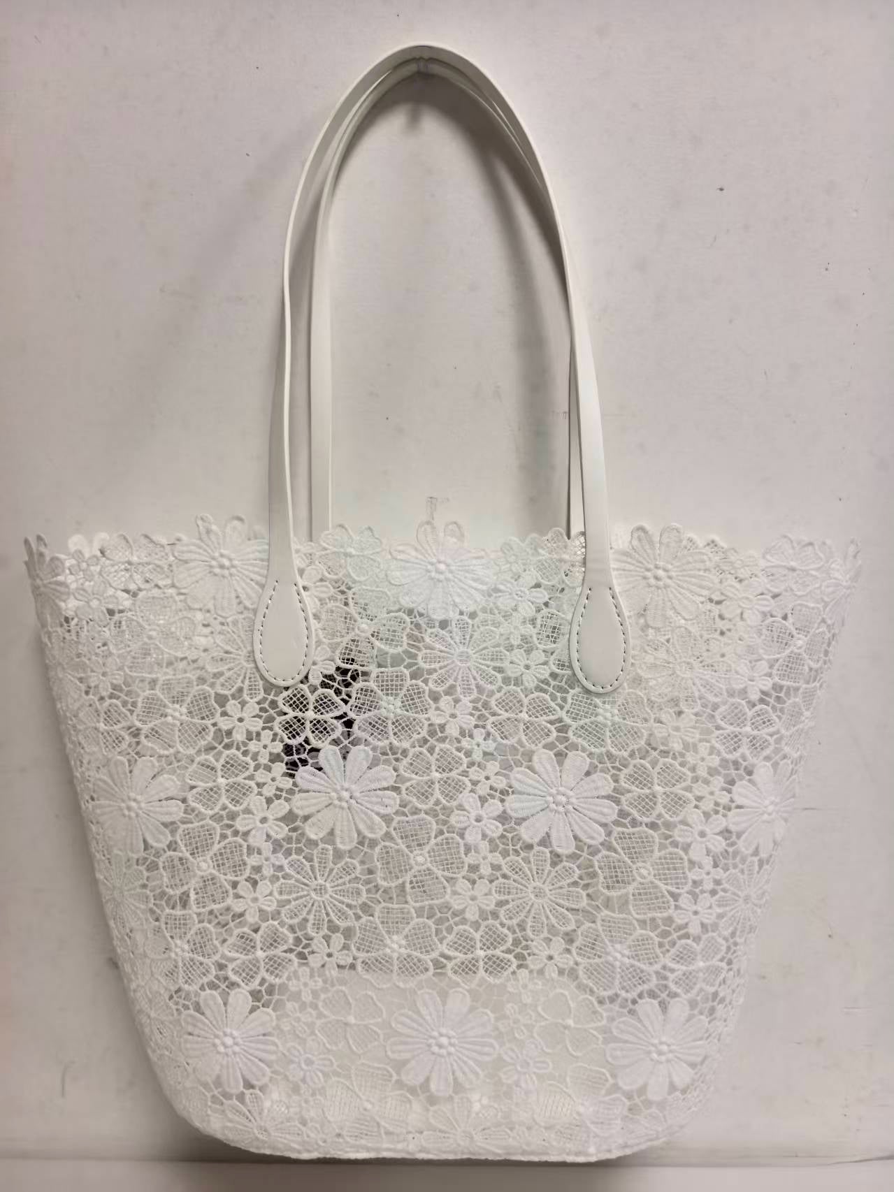 Borsa a tracolla monospalla casual da spiaggia con motivo floreale in pizzo e tasca interna, Art. VT6121