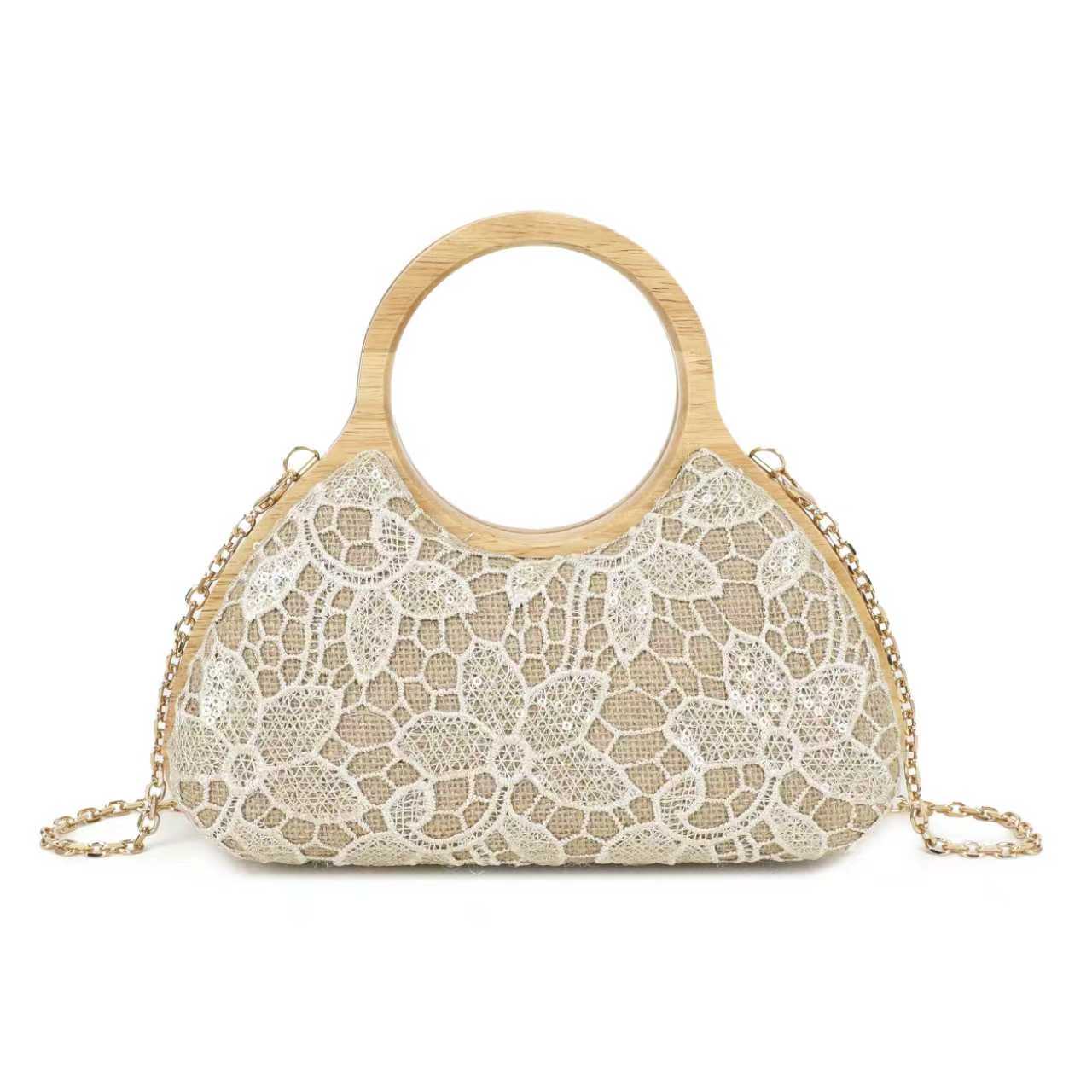 Borsa da sera rotonda in pizzo con motivo geometrico e clip in legno Art.CE268