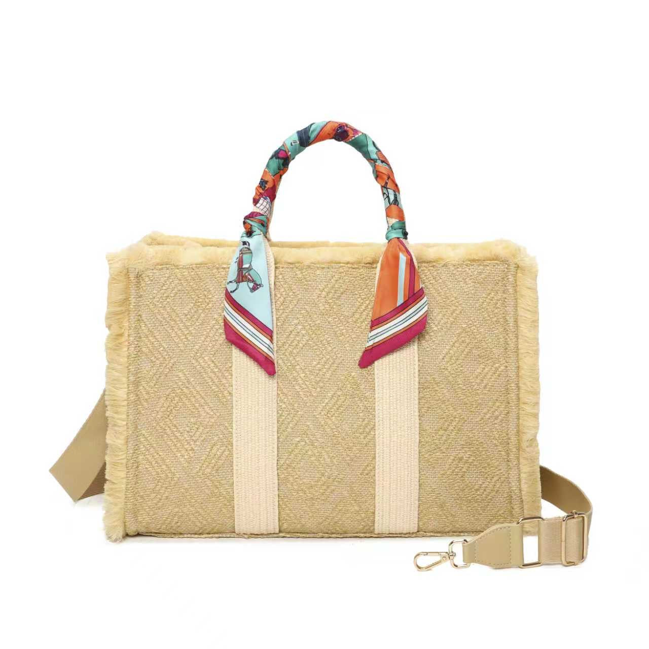Borsa Casual da Donna in Paglia con Scialle in Seta e Decorazione a Pane Art.CE266
