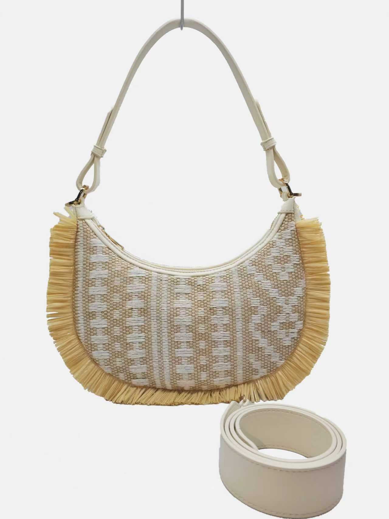 Borsa a tracolla da donna, in paglia, fantasia geometrica, bordo sfrangiato, uso quotidiano, alla moda, Art.FF27474