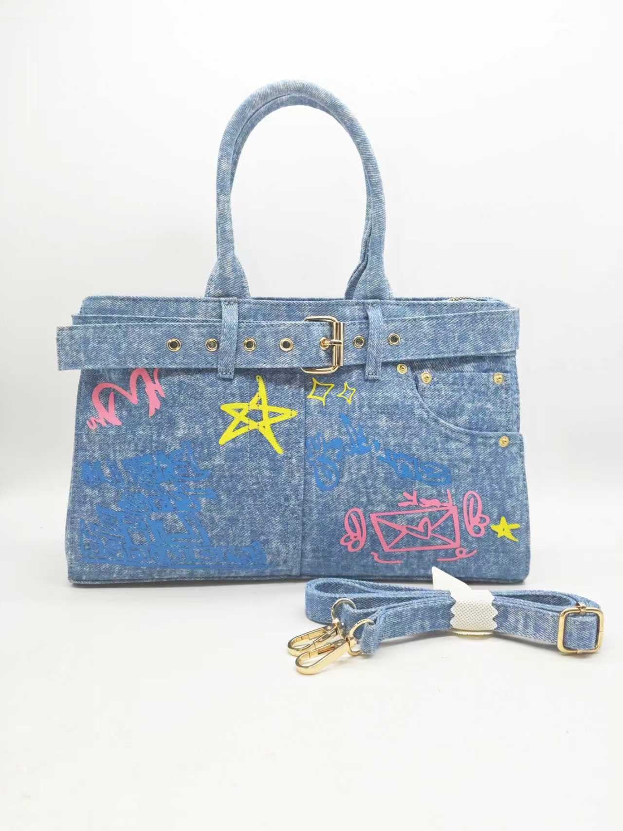 Borsa quotidiana casual in denim colorato con stampa a stelle e decorazione a cintura ART.27480