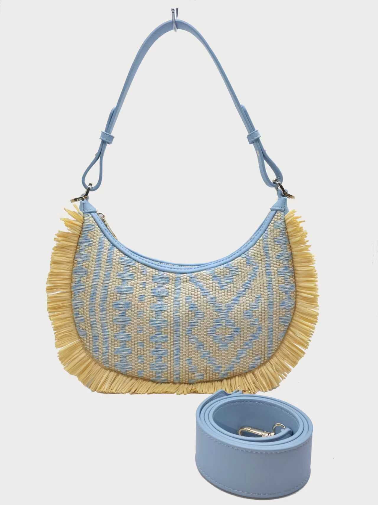 Borsa a tracolla da donna, in paglia, fantasia geometrica, bordo sfrangiato, uso quotidiano, alla moda, Art.FF27474