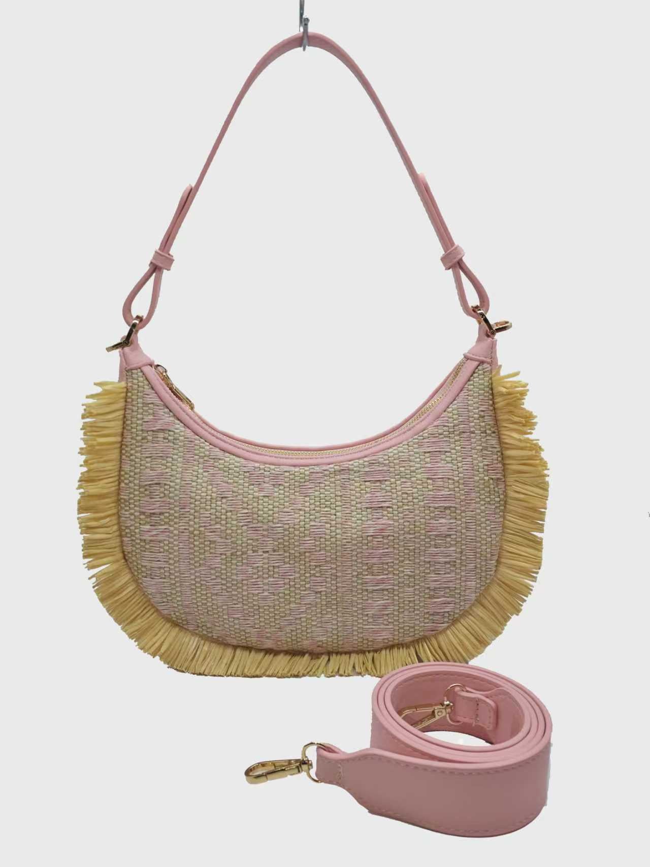 Borsa a tracolla da donna, in paglia, fantasia geometrica, bordo sfrangiato, uso quotidiano, alla moda, Art.FF27474