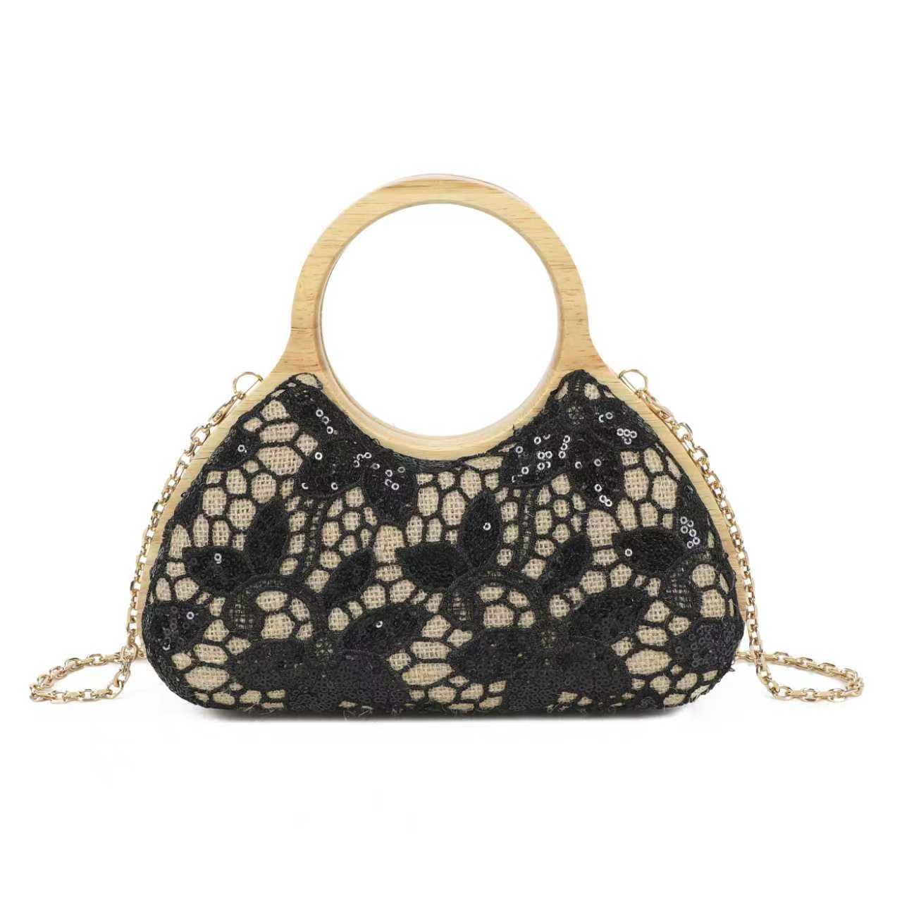 Borsa da sera rotonda in pizzo con motivo geometrico e clip in legno Art.CE268